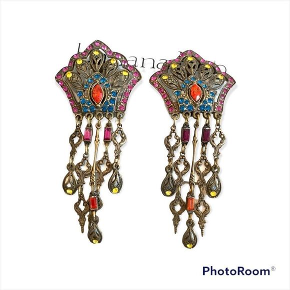 Vtg Banana Bob colorful Spanish moorish theme chandelier earrings clip backs - Picture 2 of 7